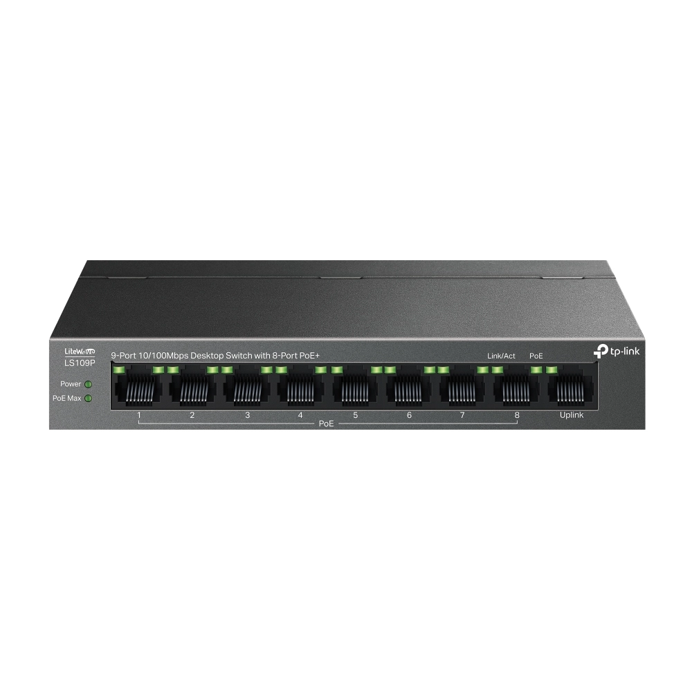 TP-LINK LS109P 9-Port 10/100Mbps Desktop Switch with 8-Port PoE+, 63 W PoE Budget, Up to 250 m