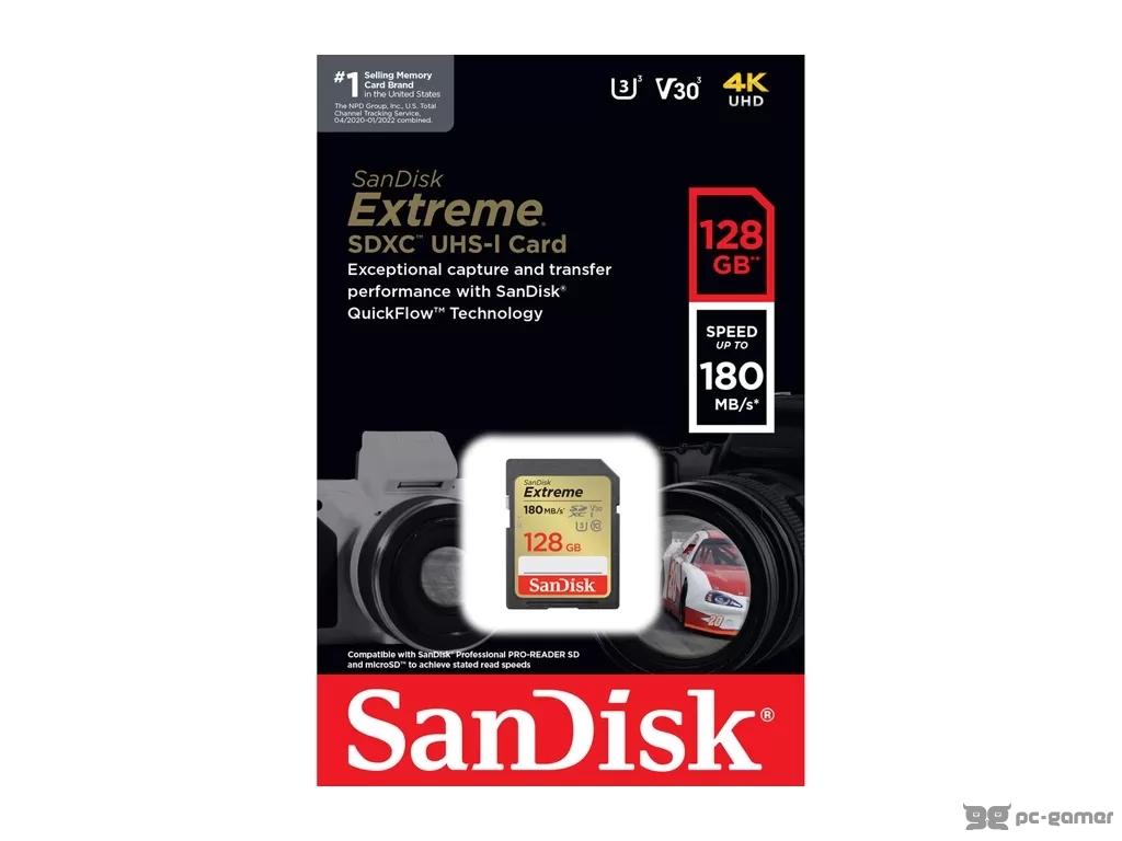 SanDisk Extreme 128GB SDXC Memory Card, up to 180MB/s & 90MB/s Read/Write, UHS-I, Class 10, U3, V30