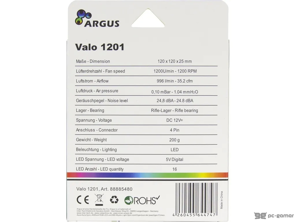 INTER-TECH Argus Valo 1201 RGB, 120mm, 4Pin PWM/3pin RGB header connector for 5V digital, 1200rpm