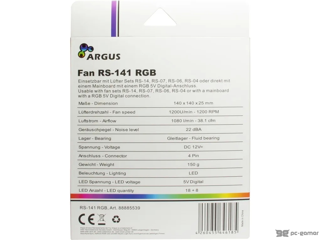 INTER-TECH Argus RS-141 RGB, 140mm, 1200rpm, 4pin PWM, 3pin RGB header connector, 22dBA